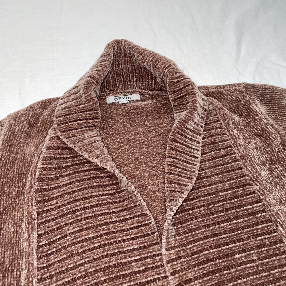 Orvis Womens Chenille Shawl Collar Open Front Cardigan Sweater Mauve Brown XS